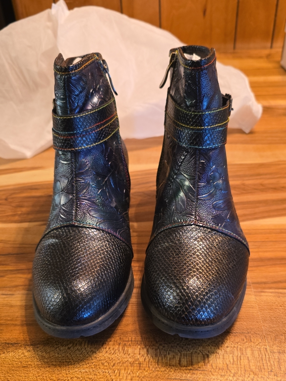 Metcandy Womens Iridescent Blacm/multi Color Floral Embossed Ankle Boots